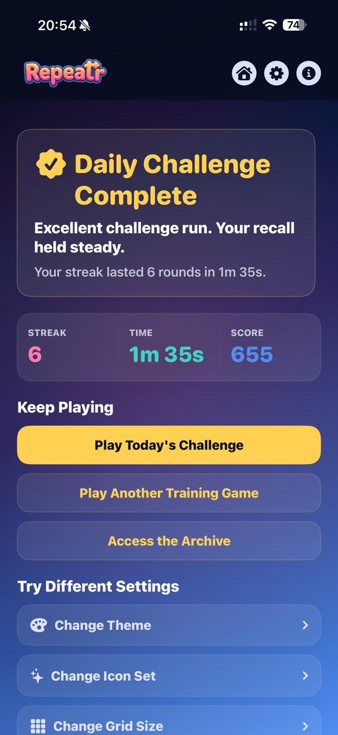 Repeatr daily challenge complete results screen
