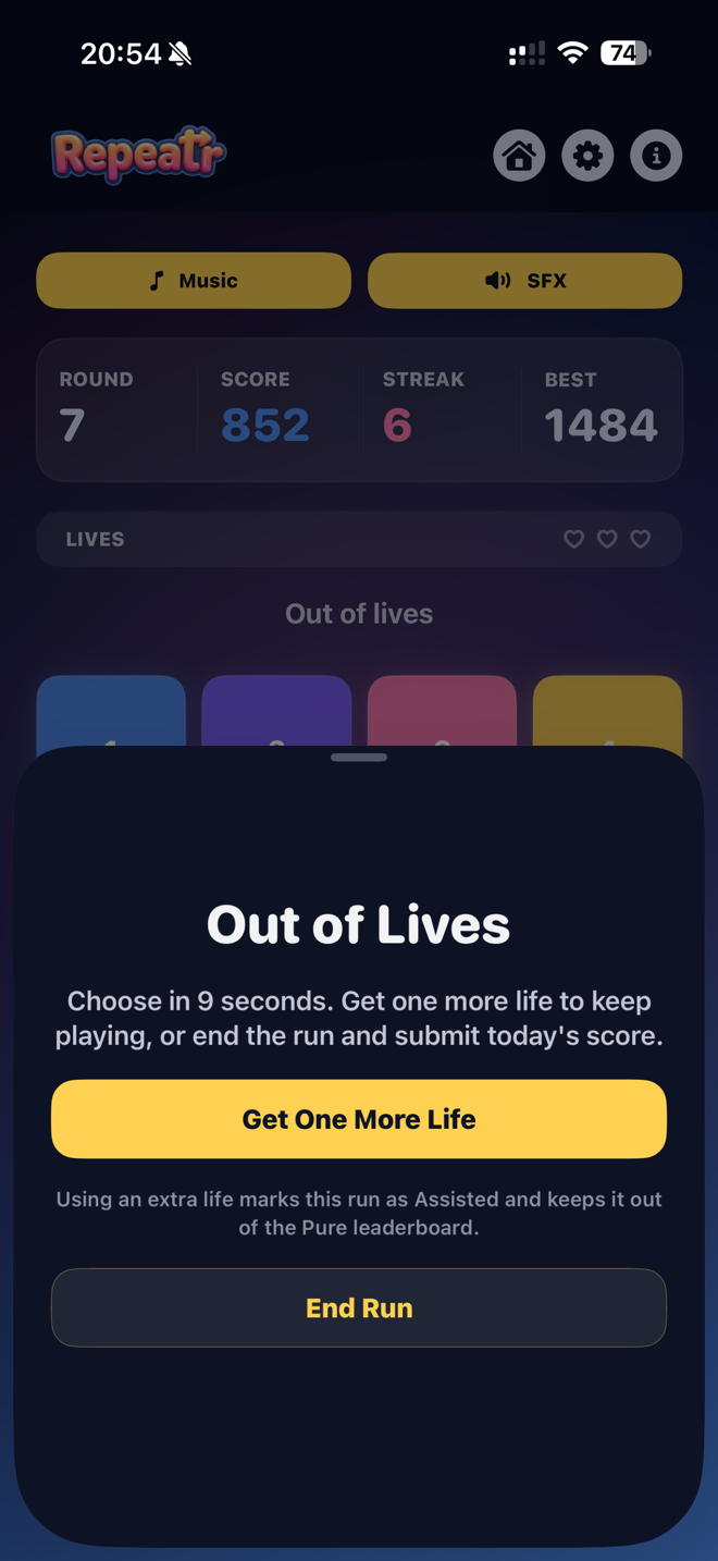 Repeatr out of lives extra-life prompt